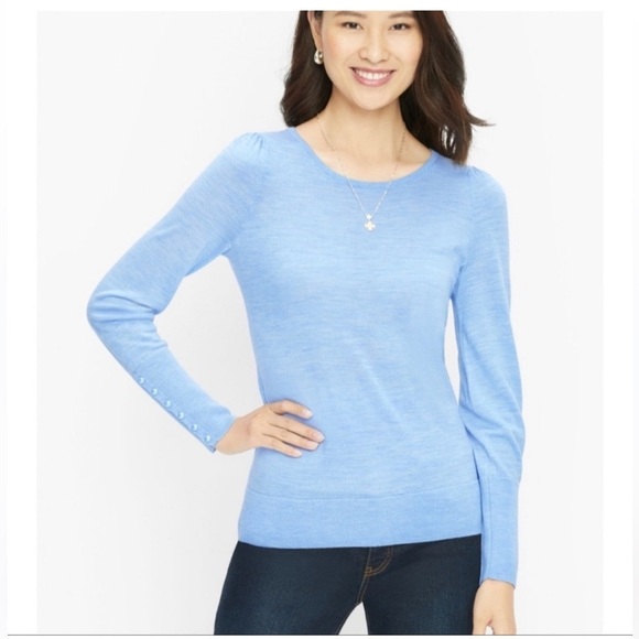 ✨SOLD✨ EUC Talbots Pure Merino Wool Blue Sweater Pleated Shoulder Pearl Cuffs - Picture 2 of 10